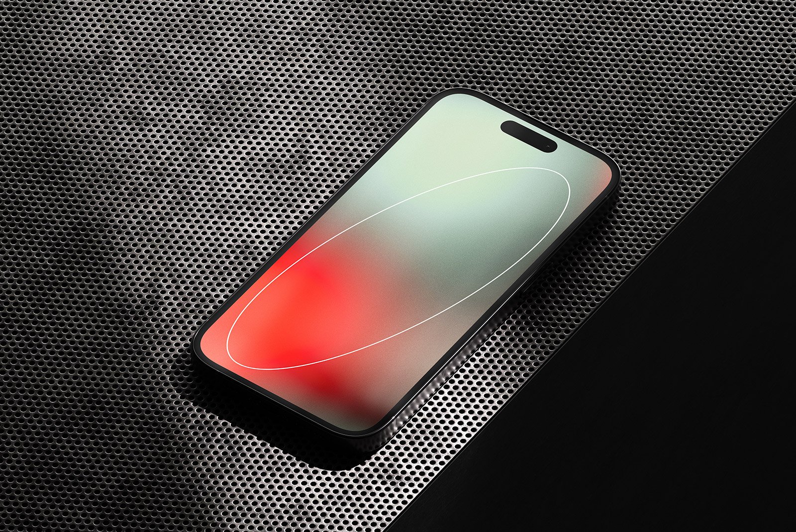 Smartphone on perforated metal background displaying abstract screen wallpaper tech mockup ideal for designers looking for mobile device presentation assets