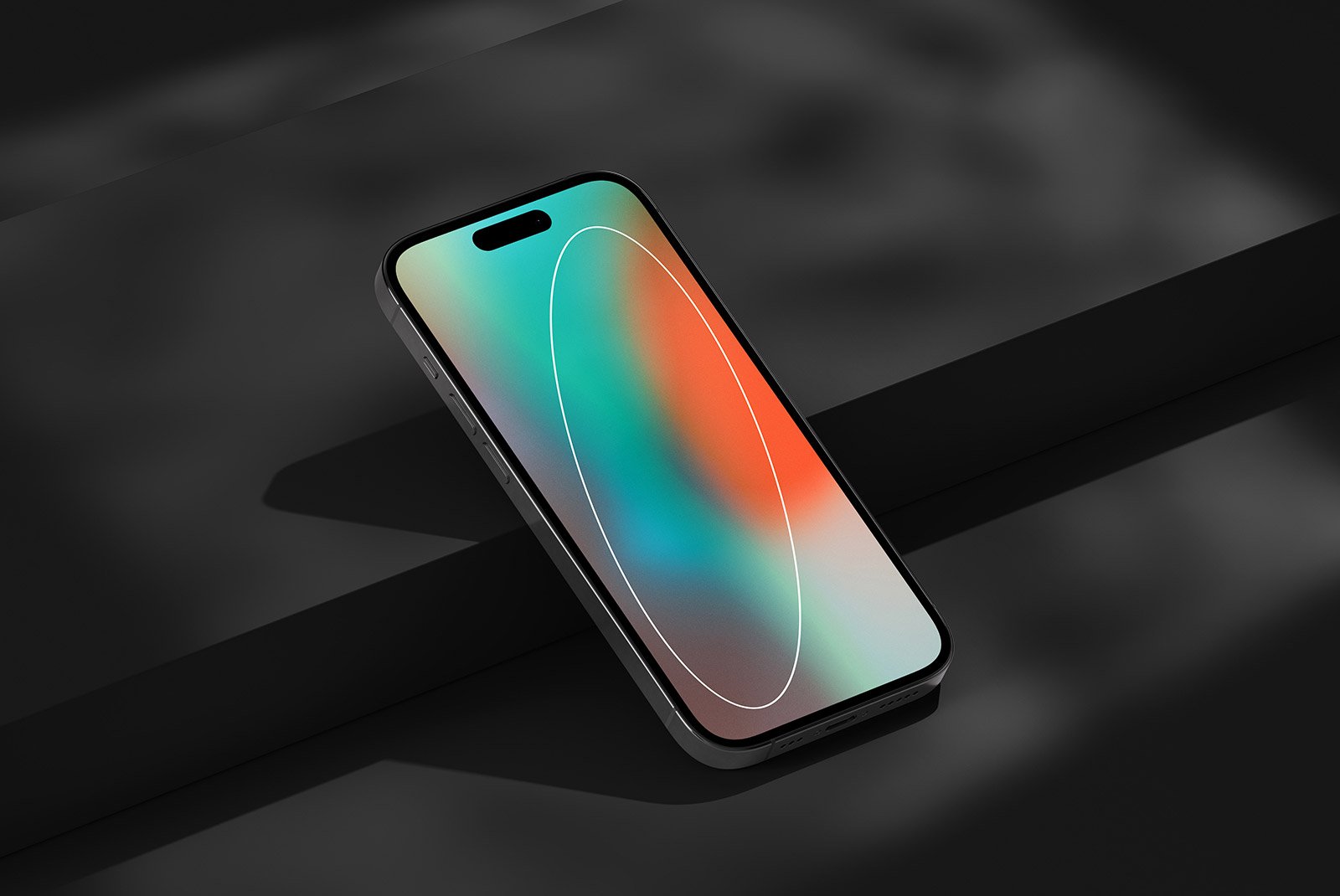 Smartphone tech mockup for graphic designers featuring a sleek mobile device with a colorful screen on a dark geometric background. Ideal for digital assets.