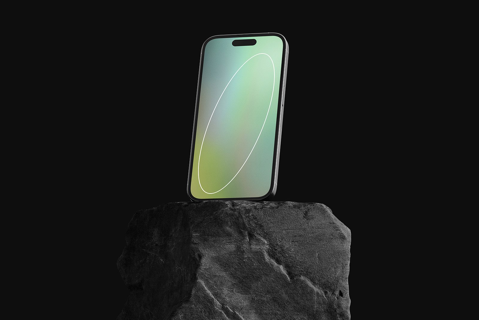 iPhone mockup presented on dark rock background showcasing a modern tech design suitable for UI display showcase ideal for graphic and web designers.