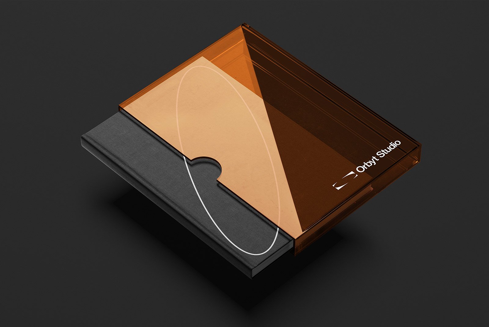 Brown packaging mockup on black background showcasing branding design with Orbyt Studio text suitable for graphic designers and mockup enthusiasts.
