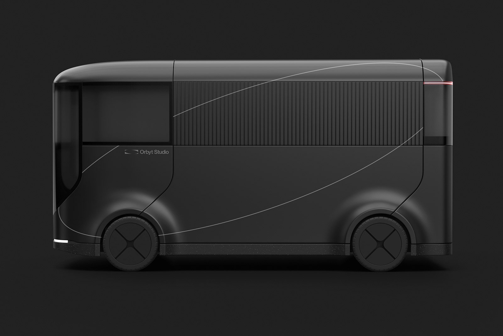 Modern tech vehicle mockup displayed in profile against a dark background; sleek black design, futuristic aesthetic; ideal for graphic designers, tech mockups.