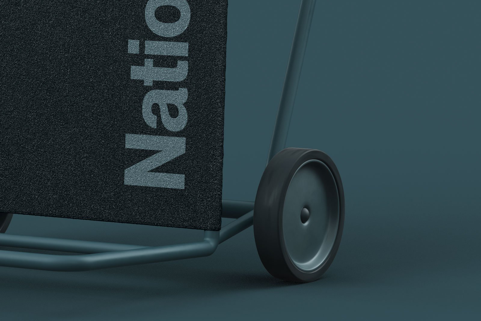 Close up of a dark trolley with wheels and partial text on fabric Graphic Design mockup perfect for branding and advertising billboard designers high resolution