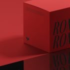 Red packaging mockup with bold black typography Roma. Ideal for designers seeking minimalist and modern packaging assets. Perfect for packaging mockups collections.