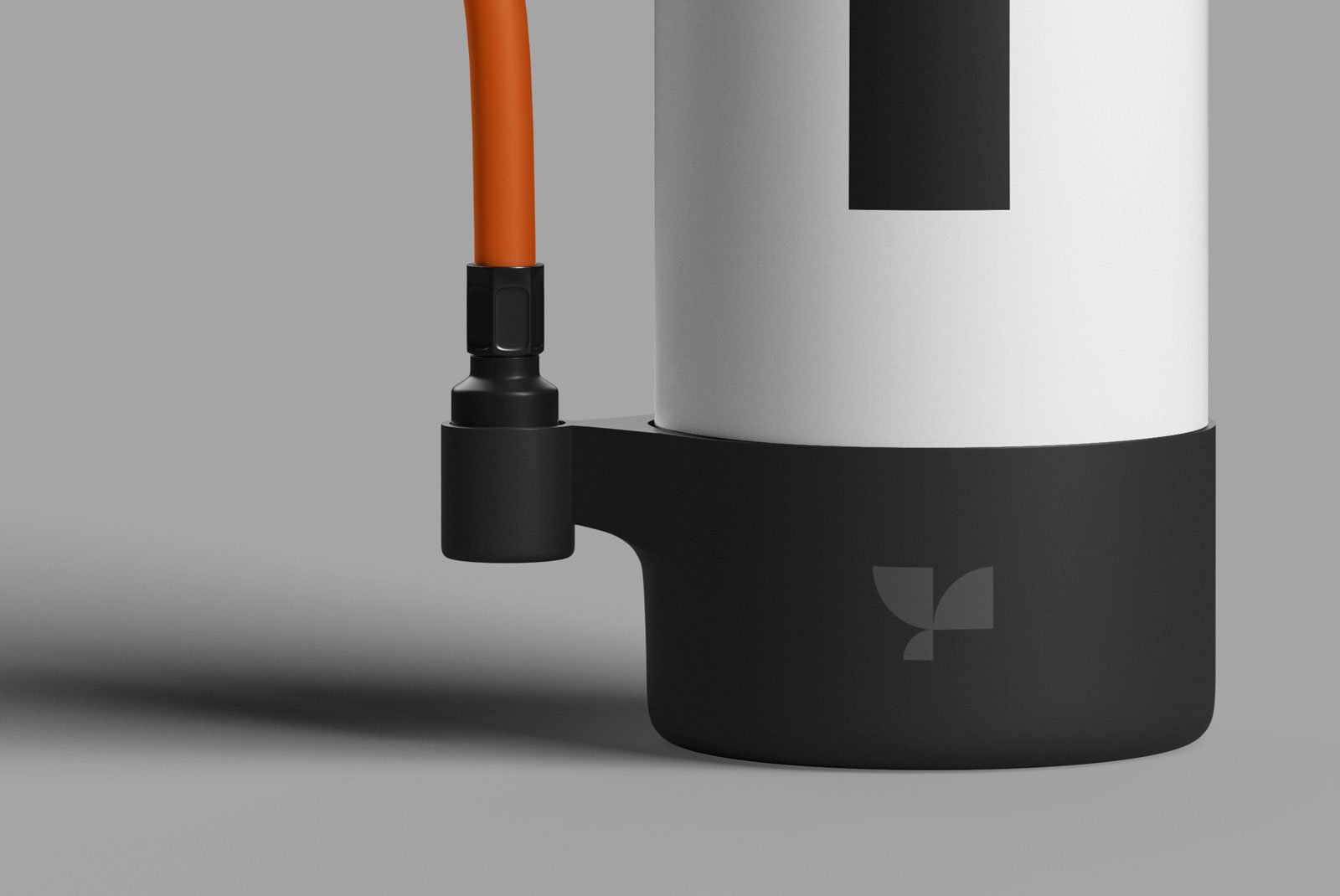 Packaging mockup featuring a minimalist product design with a black base and orange cable suitable for graphic designers. Perfect for showcasing branding concepts.