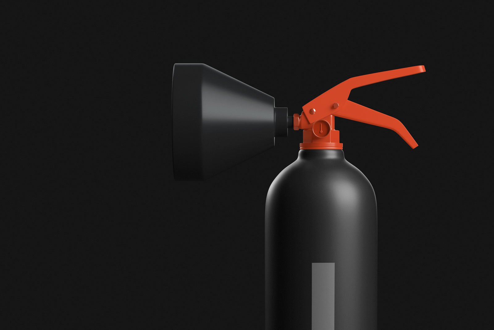 3D rendering of a black and orange fire extinguisher on a black background Packaging mockups design technology emergency graphic digital assets designers