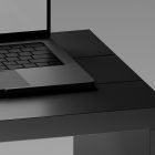 Close-up of laptop on sleek black desk Tech mockups digital product mockup minimalist workspace design asset for graphic designers Photoshop effects template