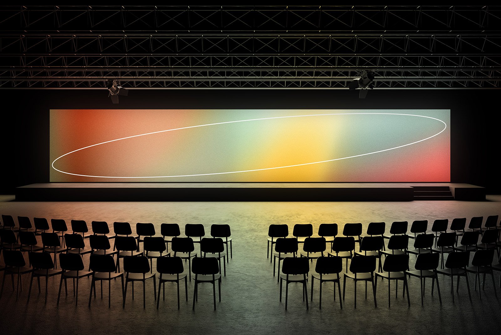 Empty conference room with colorful gradient screen stage and black chairs ideal for billboard mockups and presentation designs suitable for graphic designers