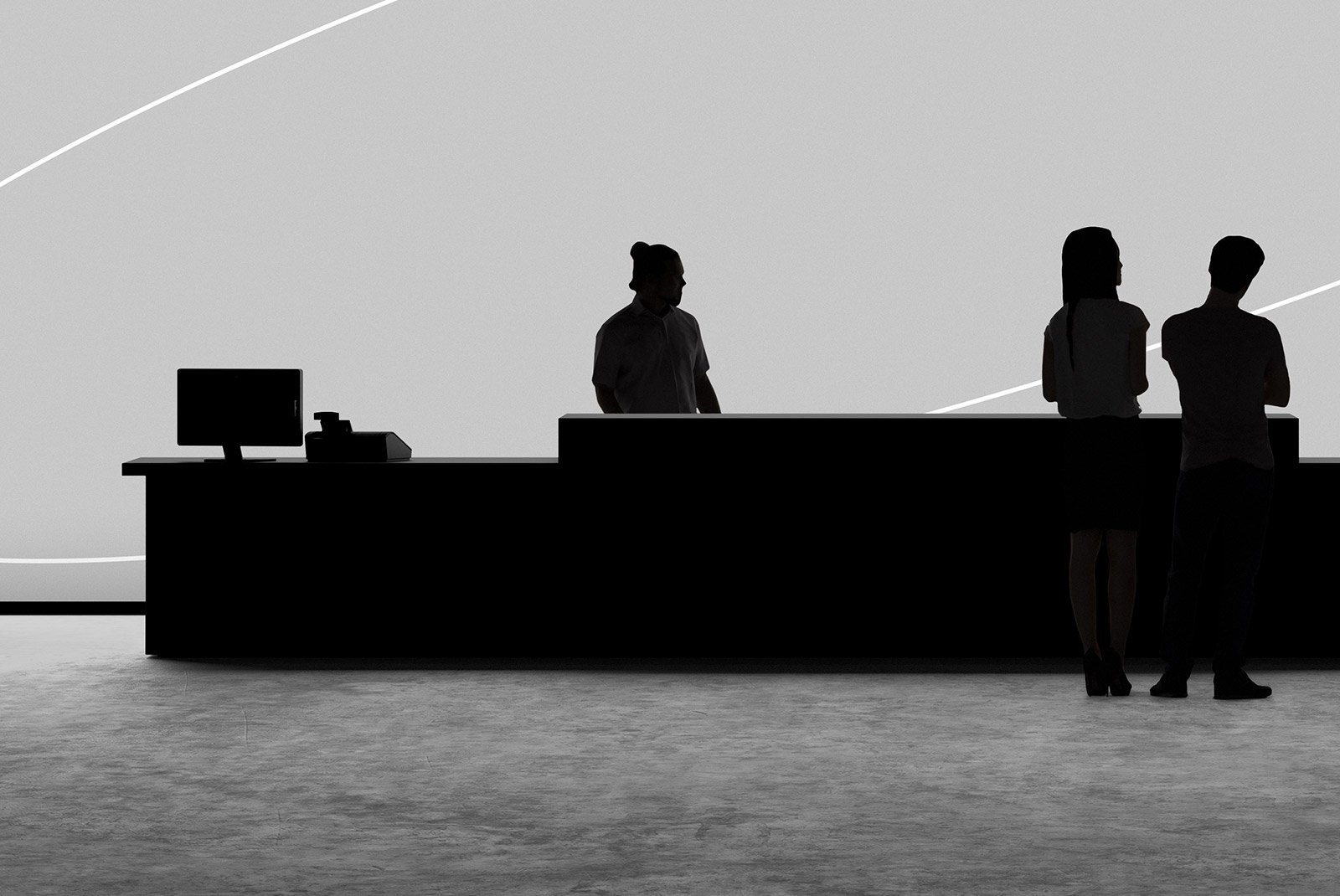 Silhouette of people at a counter in a minimalist gray office setting with a computer monitor. Suitable for tech mockup or branding graphic design projects.