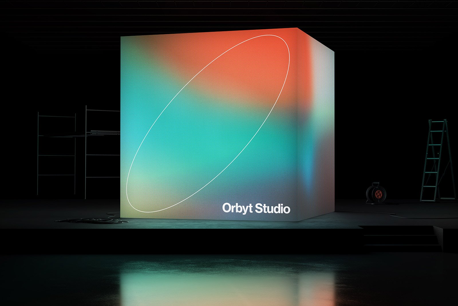 Colorful billboard mockup with gradient background and white text reading Orbyt Studio, ideal for graphic designers seeking vibrant digital assets for tech mockups.