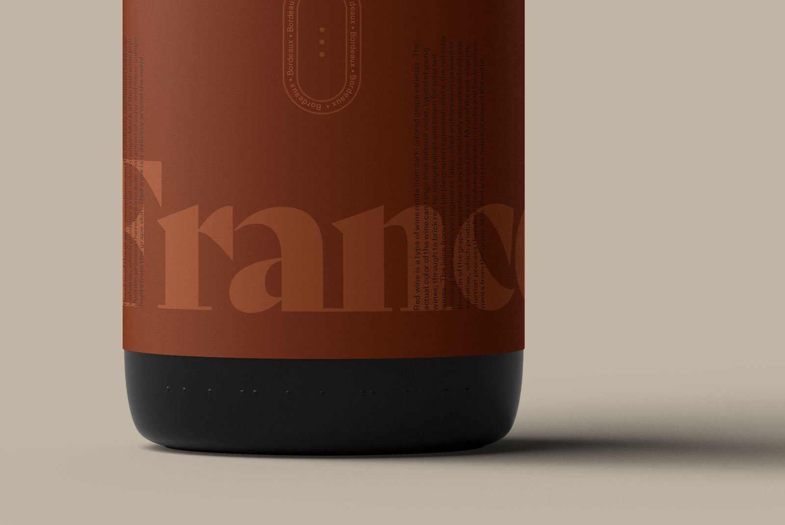 Close-up of a red wine bottle label design mockup with elegant typography suitable for packaging. Ideal for graphic designers and packaging mockup resources.