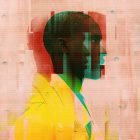Abstract glitch portrait art featuring a double exposure effect on a vibrant background. Ideal for use in digital graphics, photoshop effects, and creative projects.