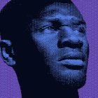 Digital graphic poster featuring a stylized face with blue wavy lines against a purple background. Ideal for graphic designers' print mockups and digital assets.
