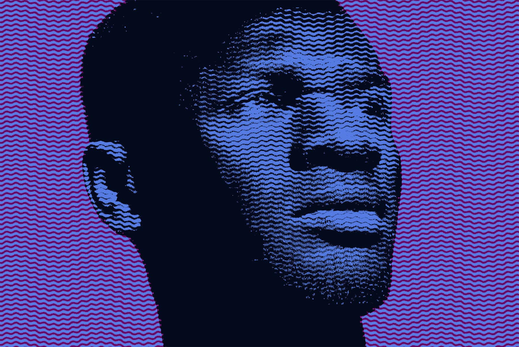 Digital graphic poster featuring a stylized face with blue wavy lines against a purple background. Ideal for graphic designers' print mockups and digital assets.
