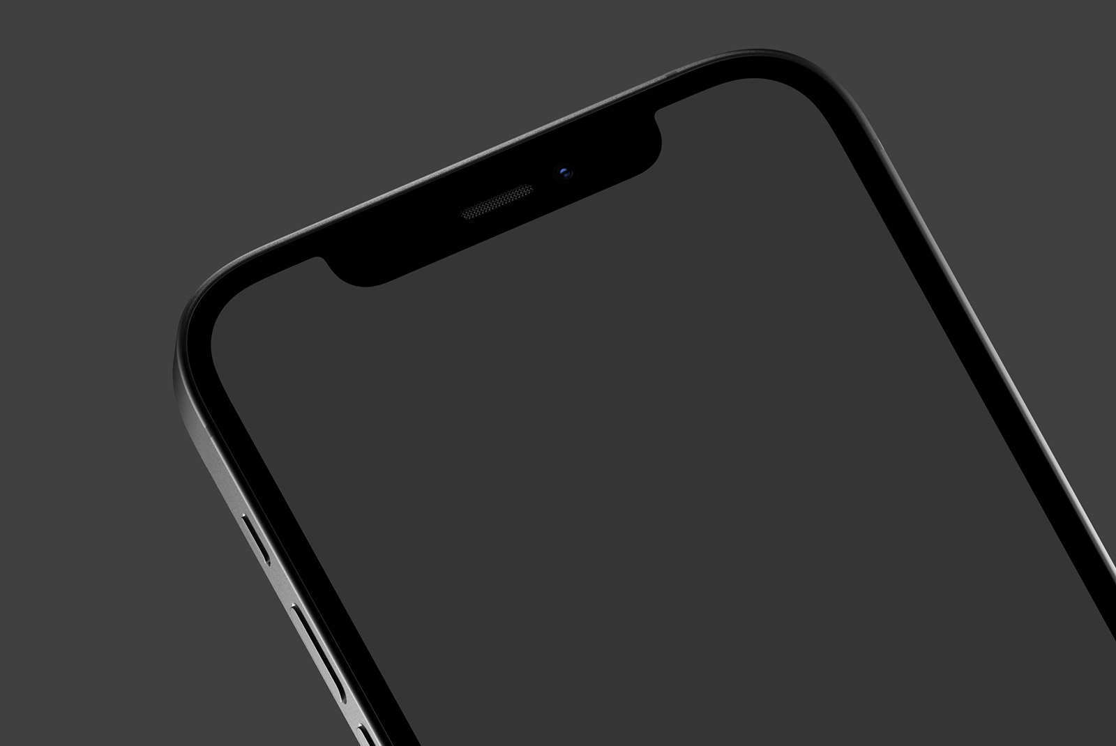 Closeup of smartphone screen and top edge; tech mockup for designers; high-quality digital asset showcasing mobile device design with a dark theme background.