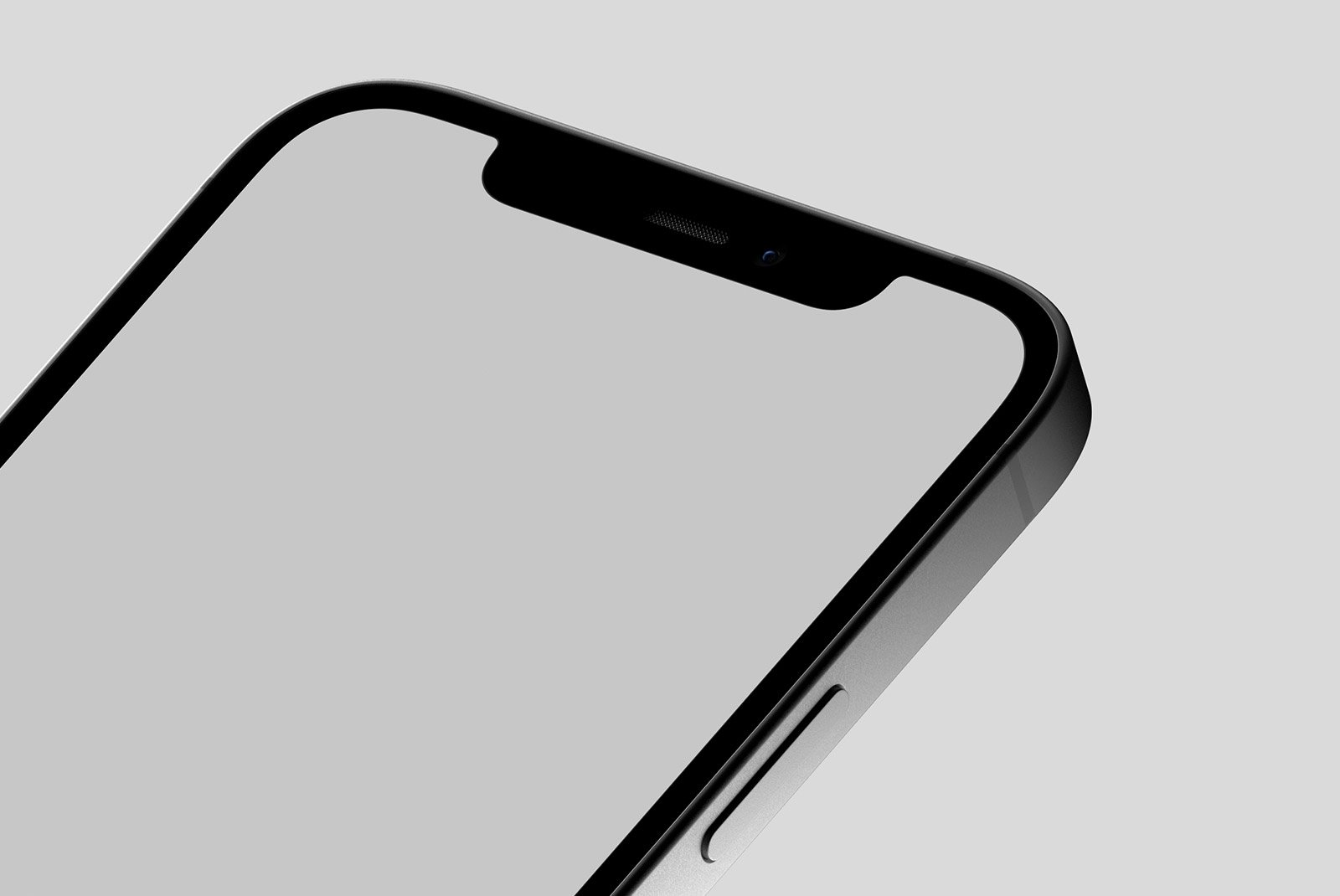 Close-up view of a black smartphone mockup on a gray background suitable for tech mockups digital assets graphic designers Photoshop effects modern design.