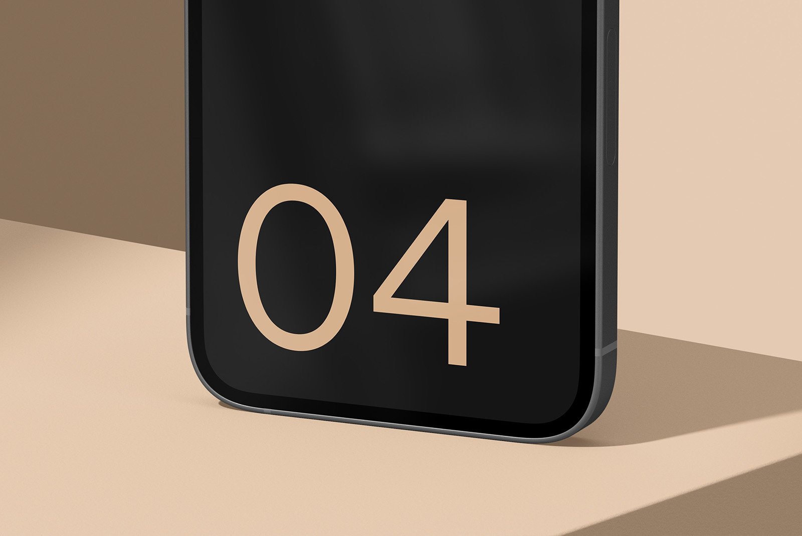Close-up of tech mockup featuring a smartphone display with number 04 in large beige font minimalist design digital assets for graphic designers tech templates