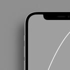 Tech mockup of a smartphone showing the upper portion of the device with a blank screen on a gray background suitable for graphic design projects.