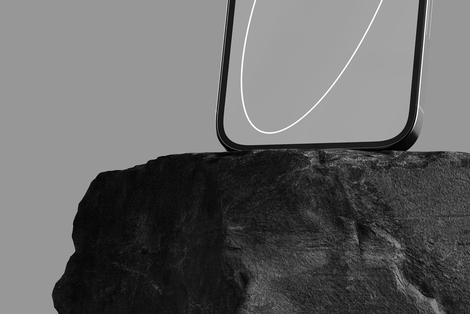 Tech mockup featuring the edge of a smartphone on a dark textured rock. Ideal for graphic designers seeking high-quality digital assets and technology mockups.