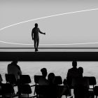 Silhouette of a presenter on stage with audience in a dark room, modern minimalist design, perfect for print and billboard mockups, graphic design backdrops.