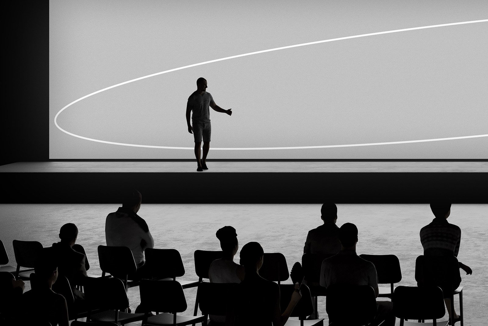 Silhouette of a presenter on stage with audience in a dark room, modern minimalist design, perfect for print and billboard mockups, graphic design backdrops.