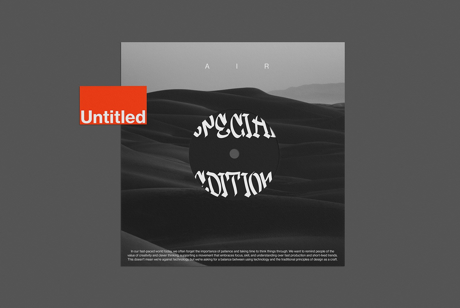 Digital graphics mockup featuring a grayscale desert with a circular typographic art reading Special Edition and a bold red Untitled text overlay for graphic designers