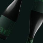 Dark-themed bottle mockup with green labels floating against a black background. Ideal for showcasing packaging designs for beverages in a refined manner.