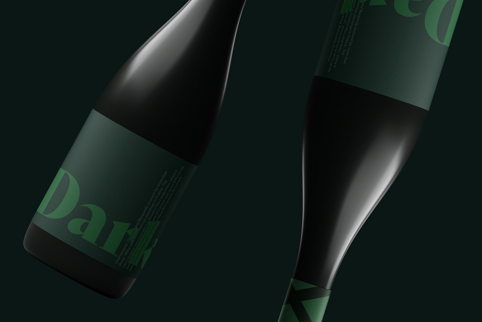 Dark-themed bottle mockup with green labels floating against a black background. Ideal for showcasing packaging designs for beverages in a refined manner.