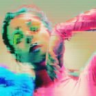 Colorful glitch effect image of person in pink top and blue fur. Ideal for digital asset stores targeting graphic designers seeking unique Photoshop effects.