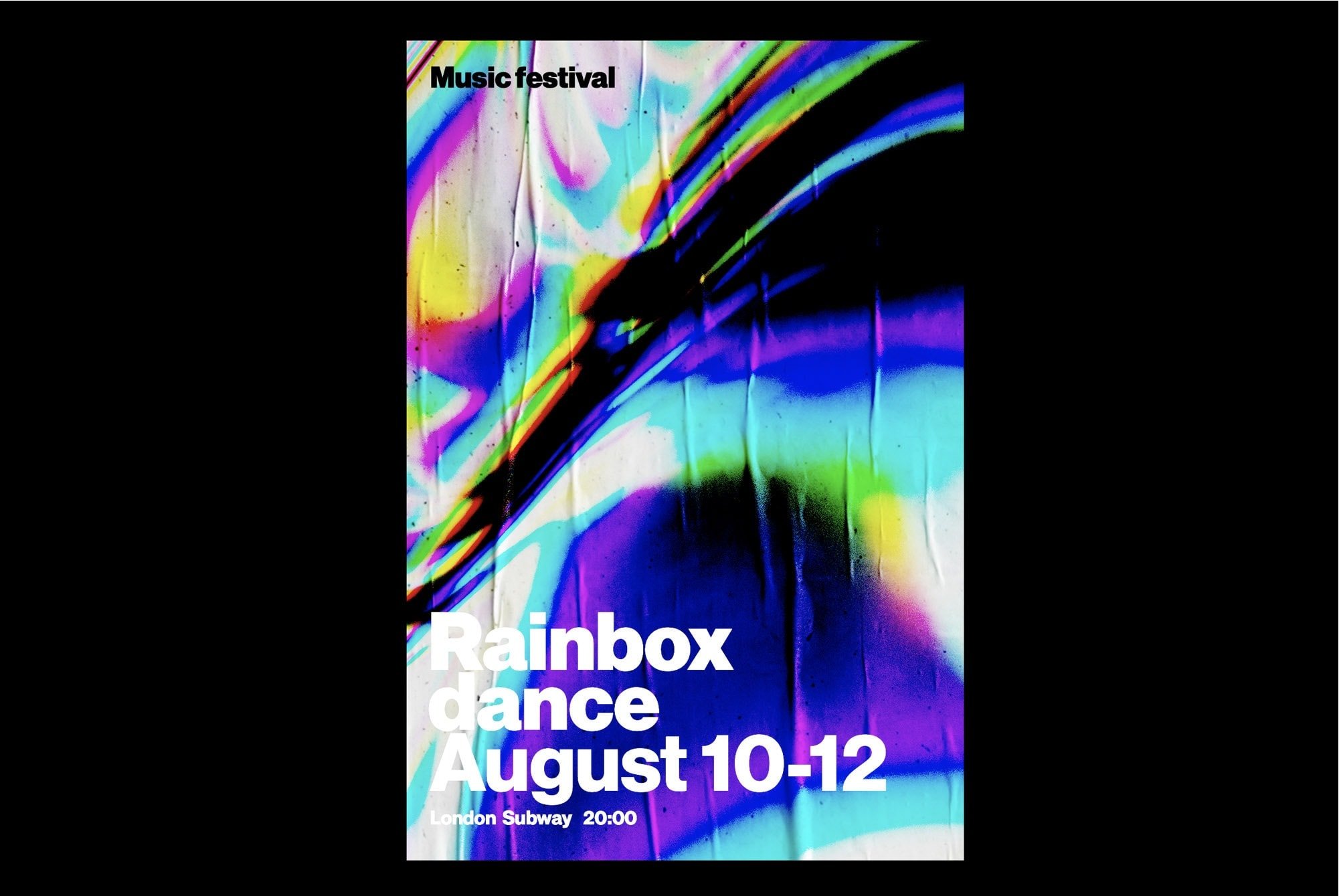 Colorful abstract music festival poster mockup with the text Rainbox dance August 10-12 London Subway showcasing vibrant rainbow hues for graphic design inspiration.
