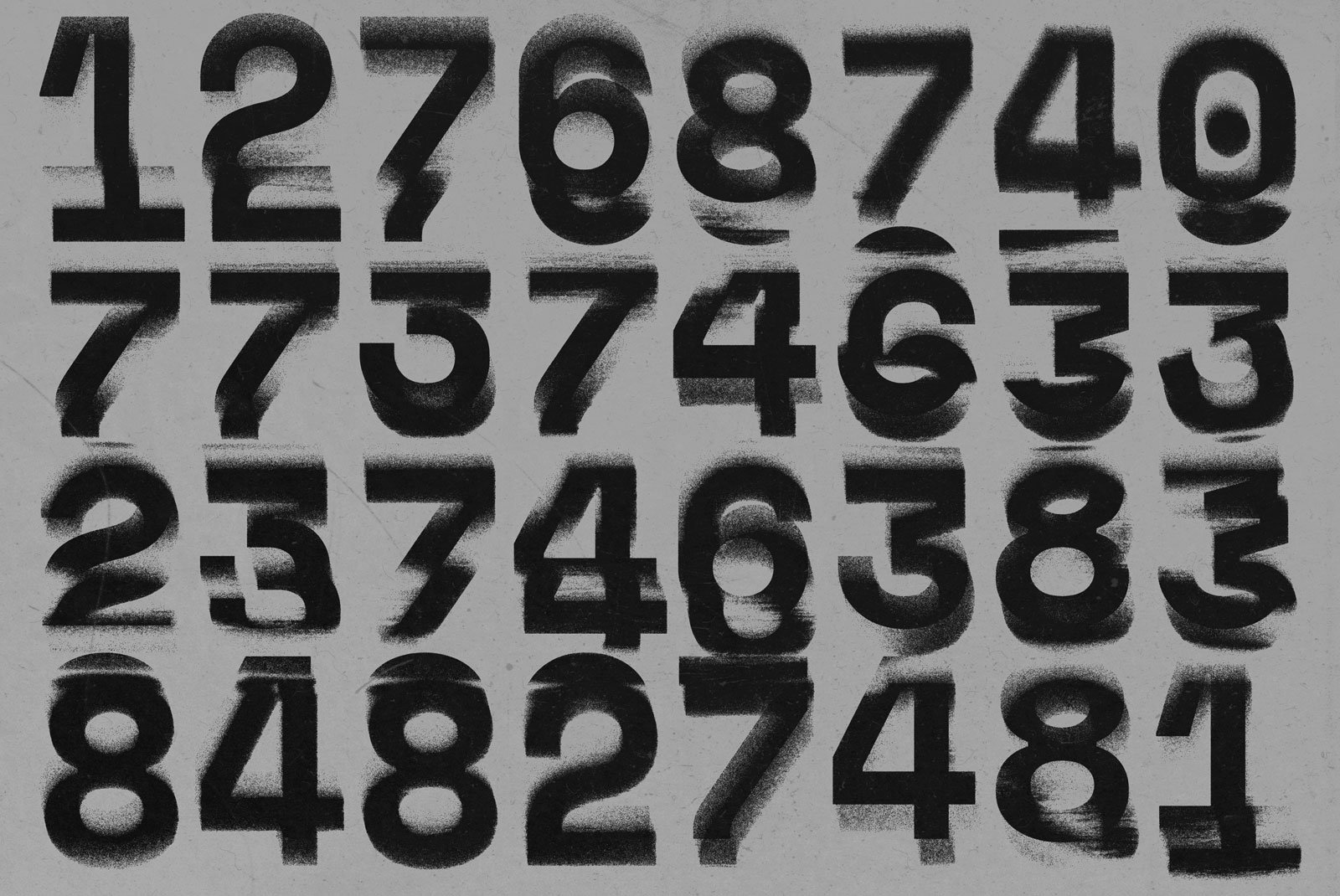 Stencil numbers in black spray paint style with a distressed, urban texture. Great for graphics, print mockups, packaging, and tech mockups. Ideal for designers.