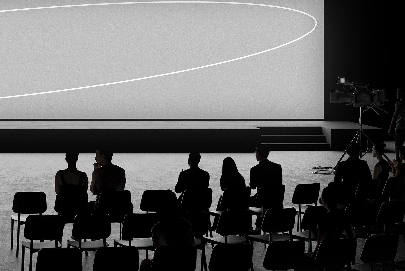 Minimalist auditorium interior scene with silhouettes of people sitting and large screen on stage. Suitable for print mockups, tech mockups, and billboard mockups.
