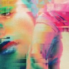 Digital glitch art showcasing a vibrant abstract portrait with distorted colors and pixelation. Ideal for graphic designers seeking unique visuals in graphics design.