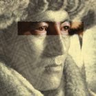 Abstract graphic design showing partial human face and eyes within a textured mesh pattern Suitable for graphic designers interested in photo manipulation techniques
