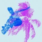 A skateboarder performing a trick superimposed on a palm tree background in vibrant blue and pink, perfect for graphic designers and Photoshop effects users.