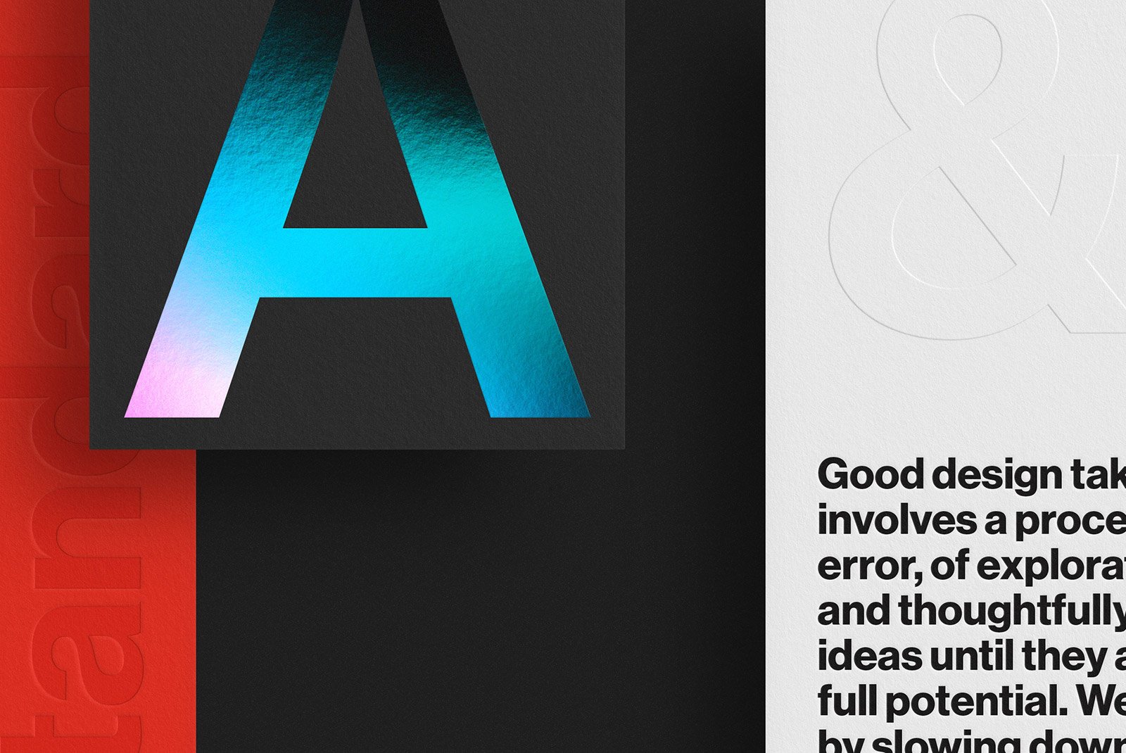 Bold typographic design with a gradient blue letter A on a black background, suitable for print mockups or graphics. Text displayed in the background.