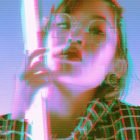 Woman with glasses holds neon light rod with digital glitch effect. Perfect for graphic design resources, Photoshop effects, and tech mockups.