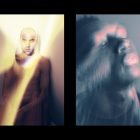 Abstract double exposure portrait art graphic for designers, features light effects on two men. Great for graphic design projects needing creative visuals