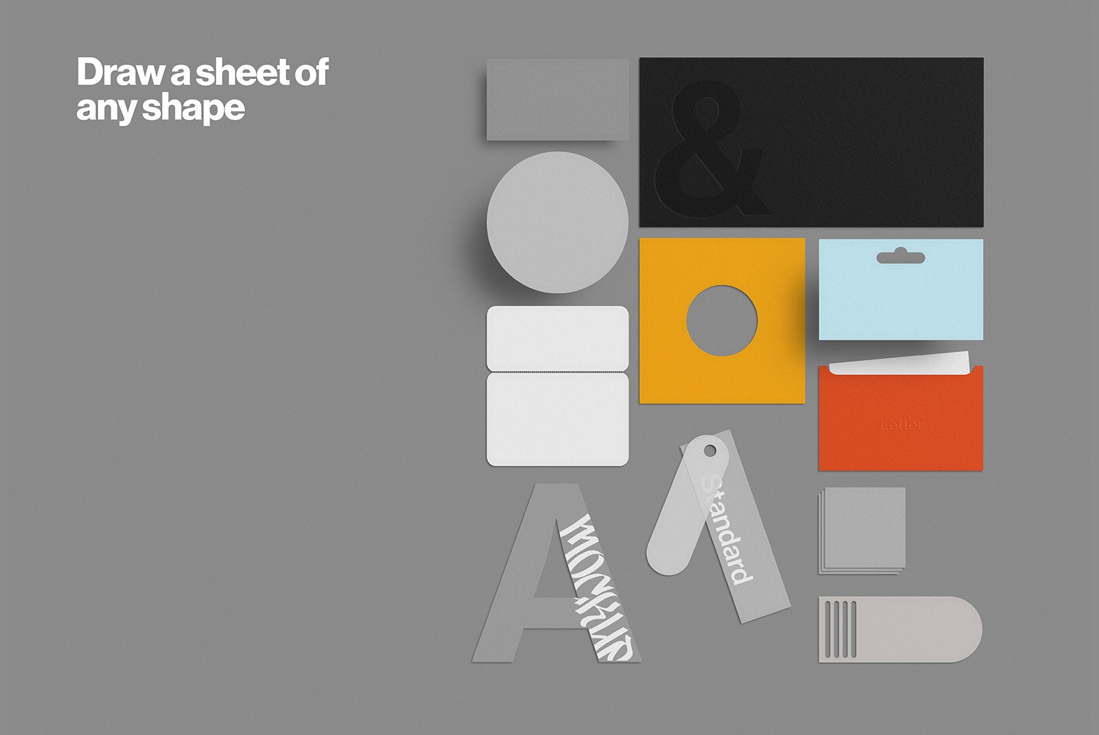 Creative paper cutouts in various shapes and colors on a grey background perfect for print mockups, packaging mockups, and graphic design projects.