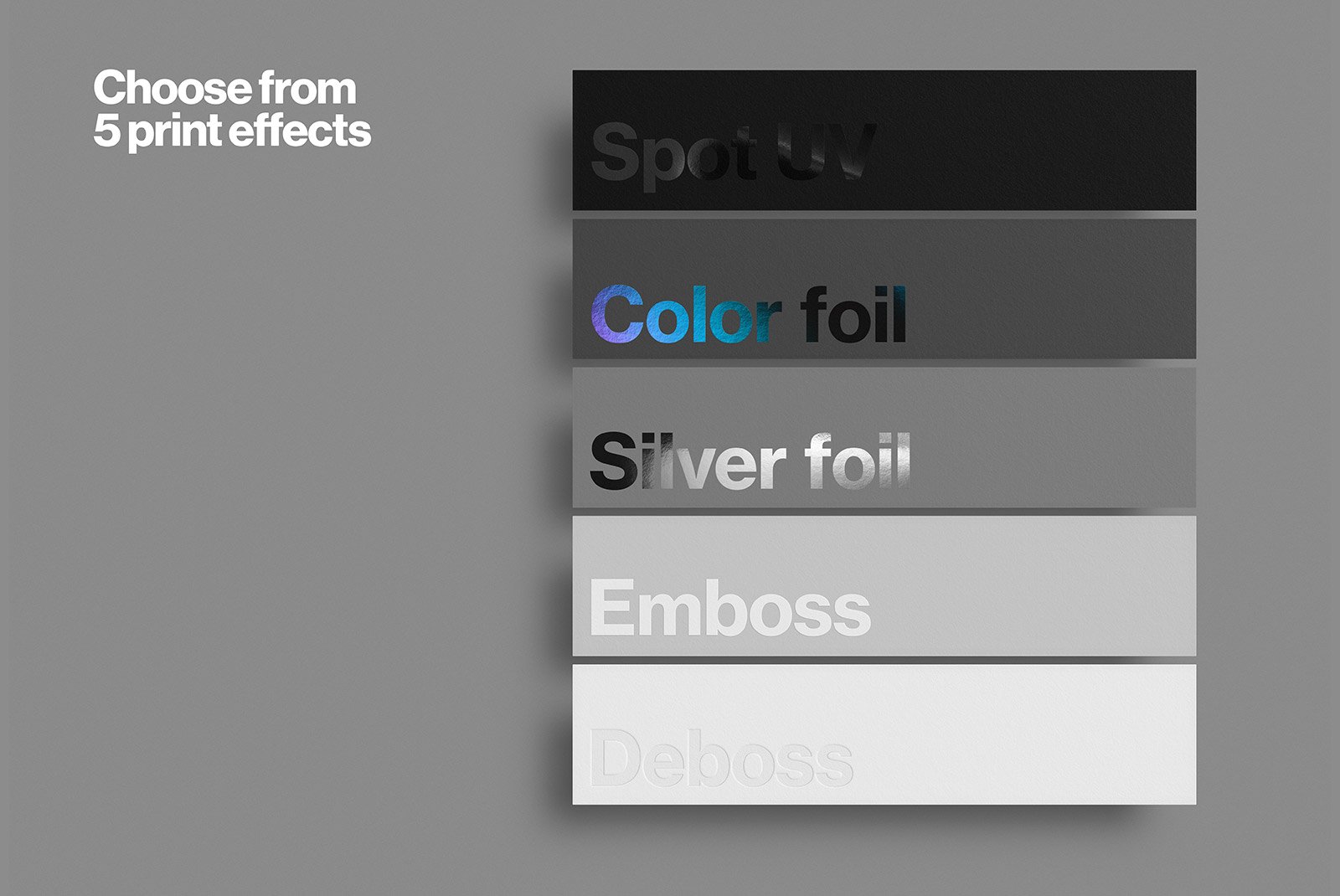 Print effects mockup for graphic designers showcasing Spot UV, Color foil, Silver foil, Emboss, and Deboss options. Ideal for print, packaging, or app design.