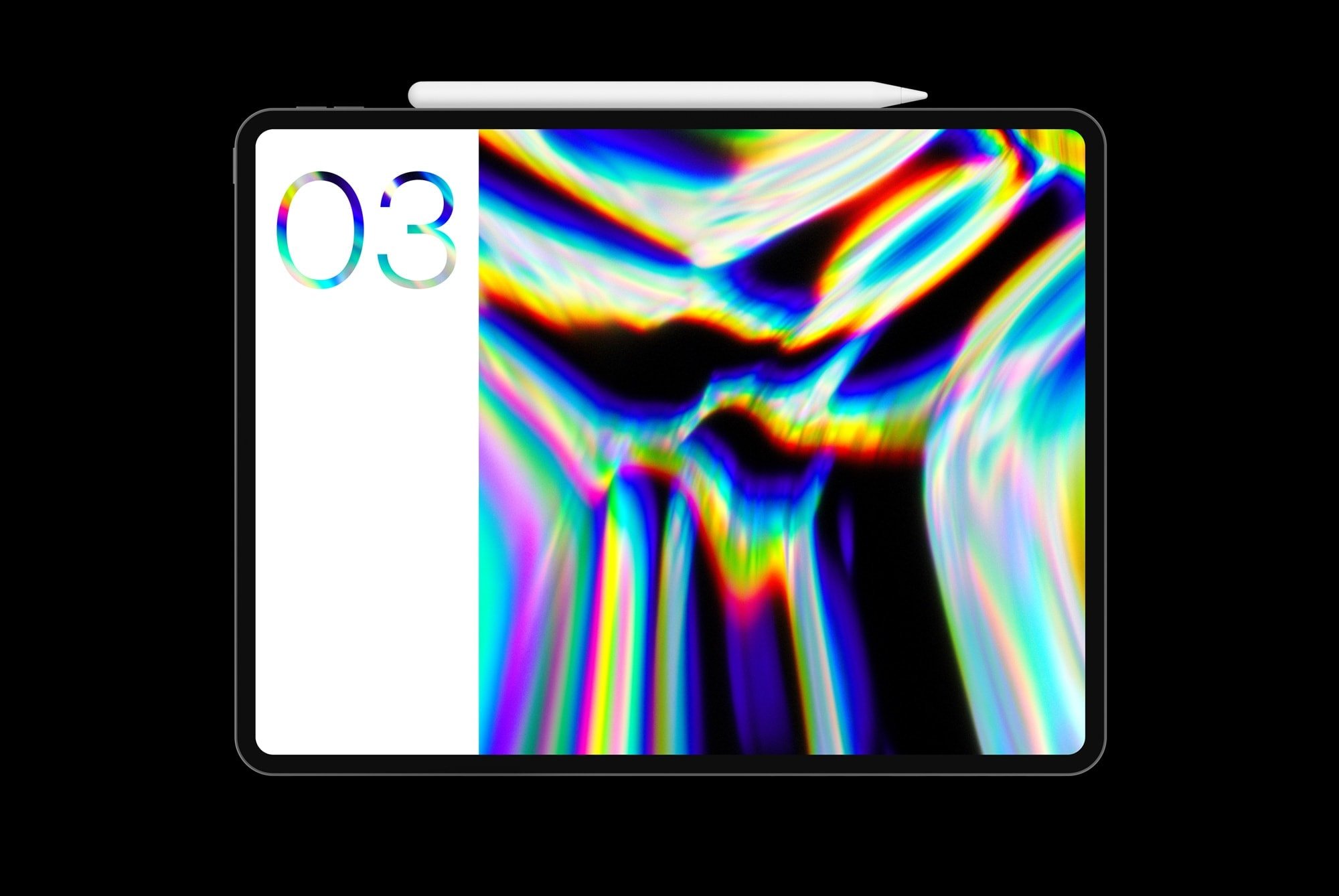 Tablet with a digital stylus displaying abstract, colorful, holographic effect on screen. Ideal for showcasing tech mockups, graphics, digital assets for designers