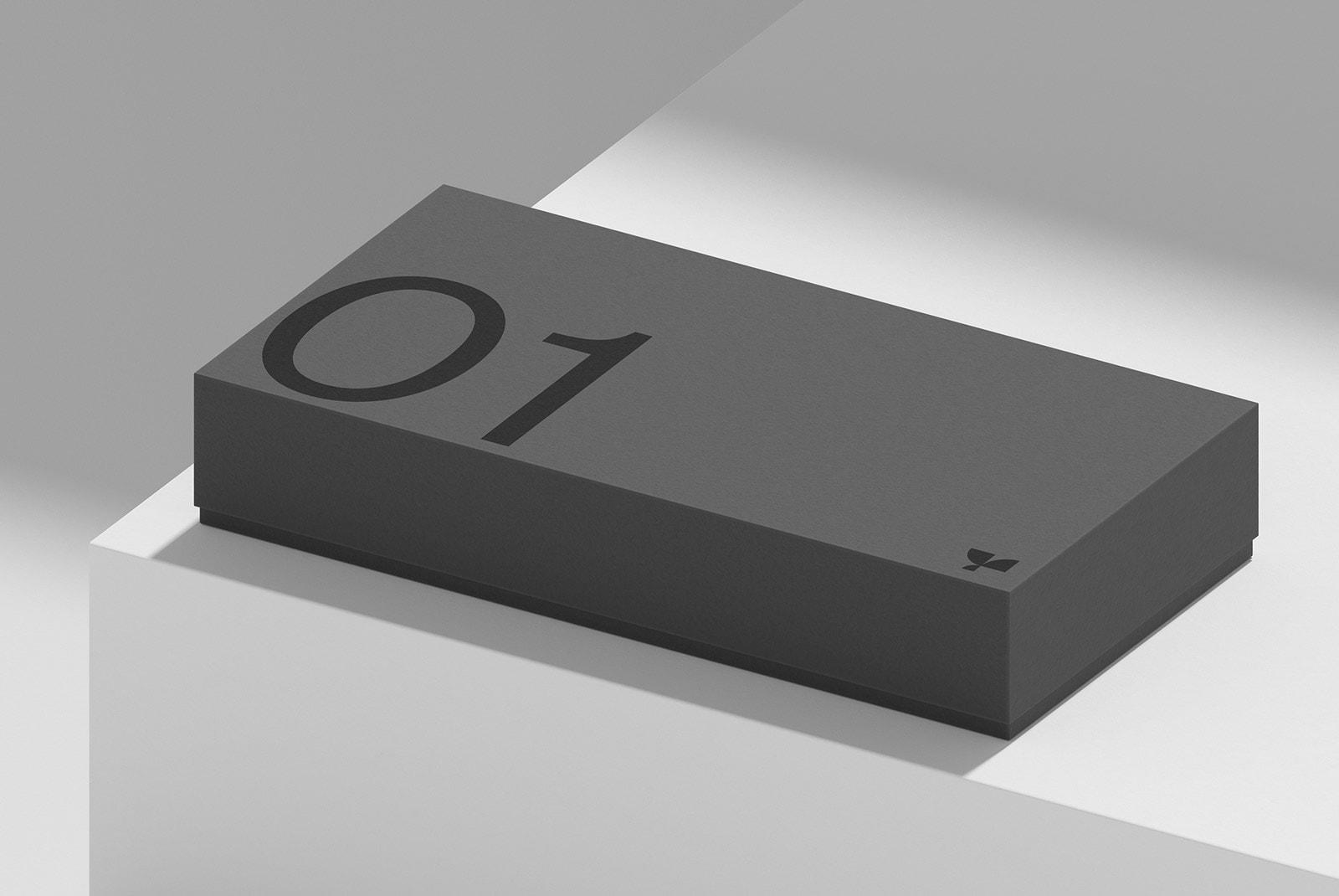 Gray packaging mockup box with 01 printed on top suitable for graphic designers. Ideal for showcasing product designs, packaging, branding projects.