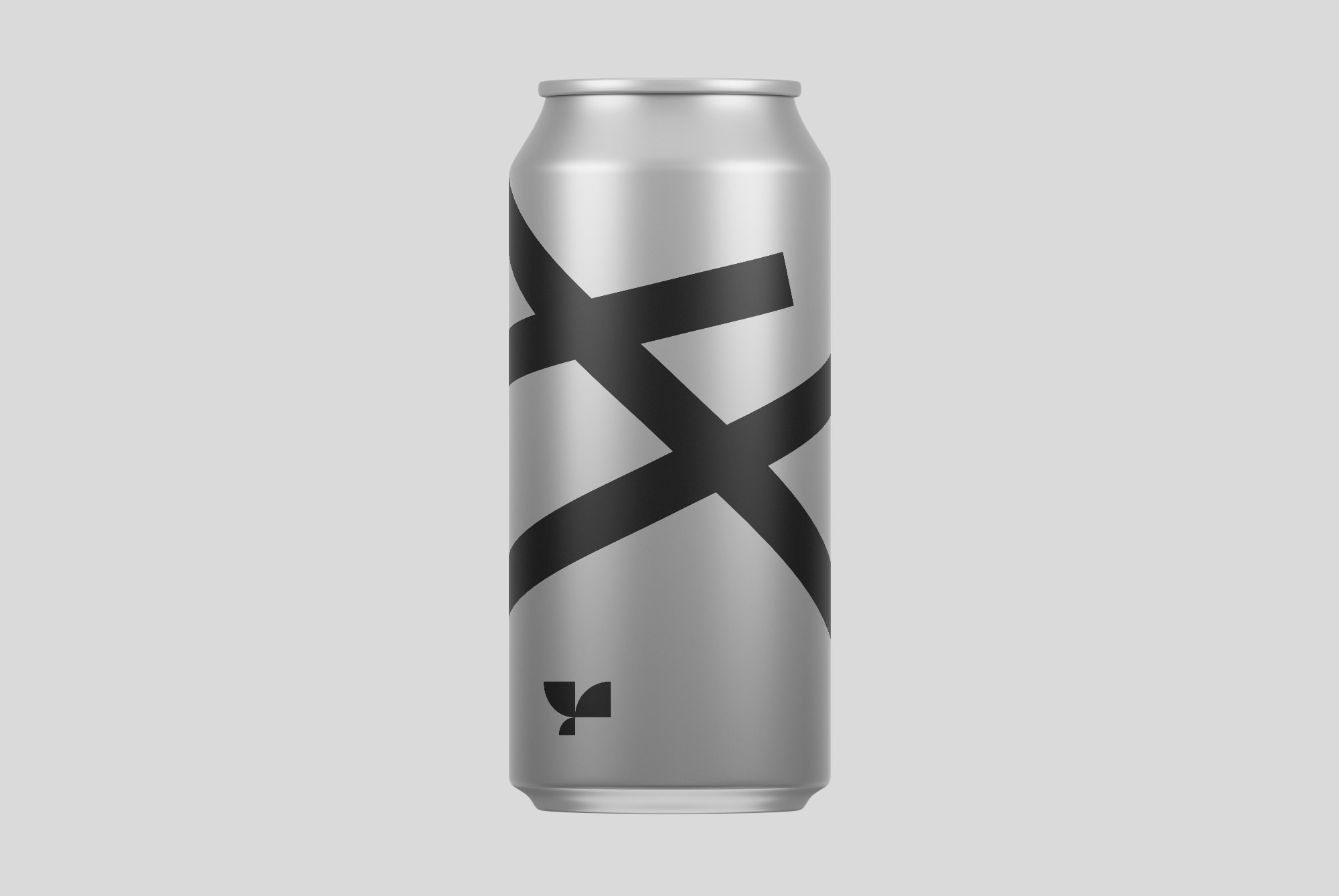Minimalist aluminum can with a geometric black design on a light gray background. Ideal for packaging mockups, graphic design, and branding projects for designers.