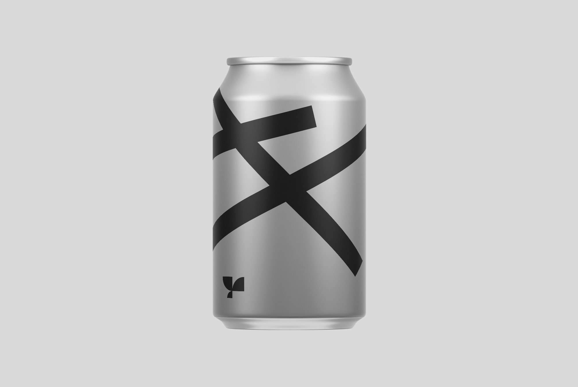 Minimalistic aluminum can mockup with a modern black abstract design on a silver background, ideal for packaging mockups, graphic design, and branding projects.