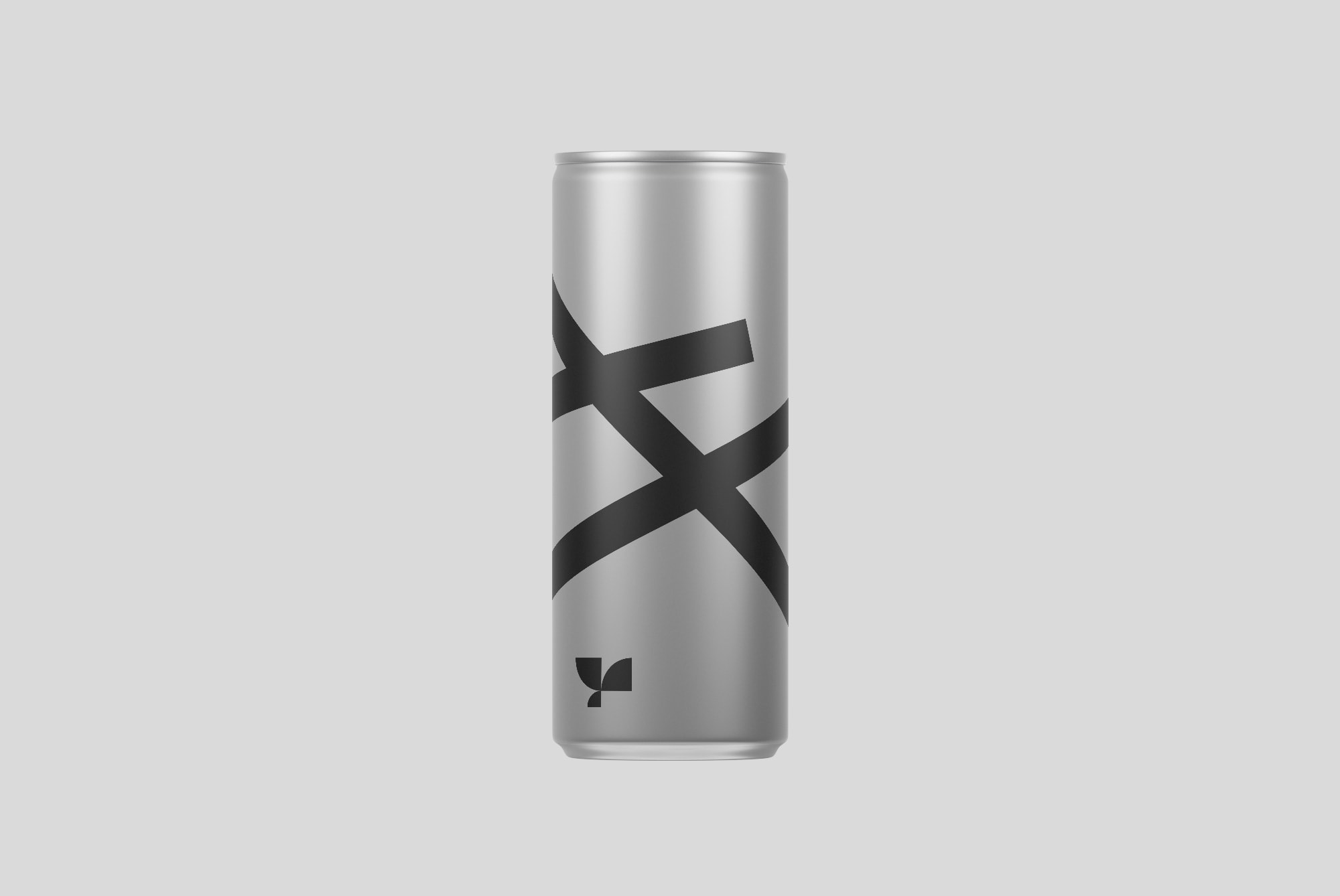 Silver aluminum can with bold black geometric design isolated against light grey background suitable for packaging mockups digital assets for graphic designers.