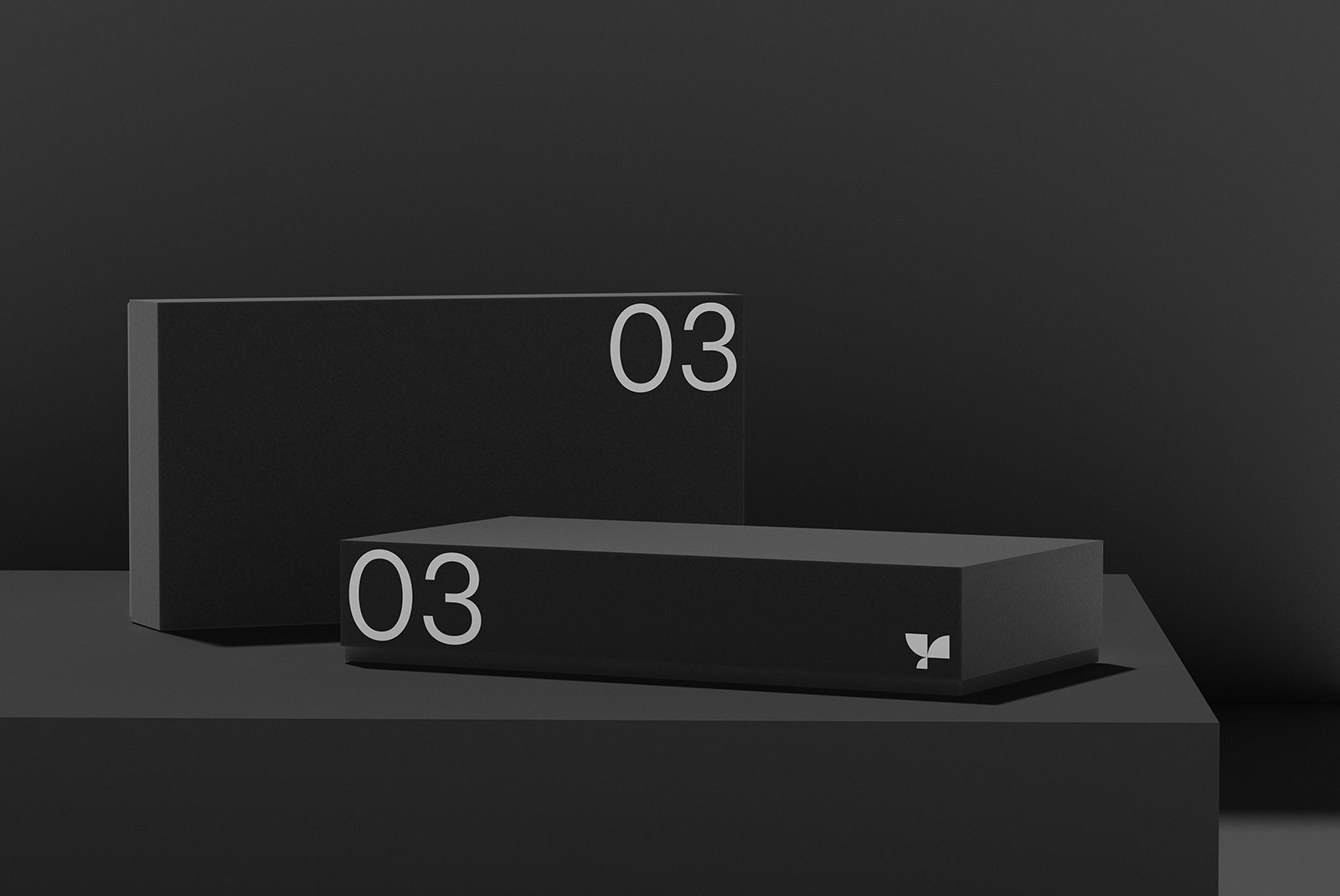 Black packaging mockups with bold numbers 03 for graphic designers. Minimalist design on dark background, ideal for packaging mockups SEO keywords included