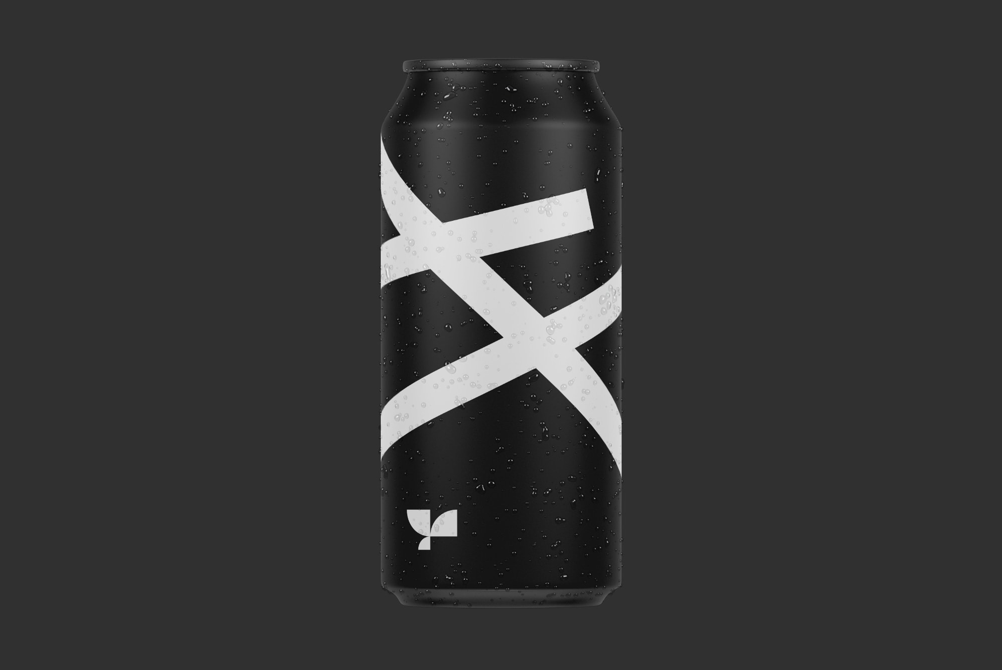 Black beverage can mockup with white abstract design and condensation droplets suitable for packaging mockups in graphic design, product branding, and presentations.