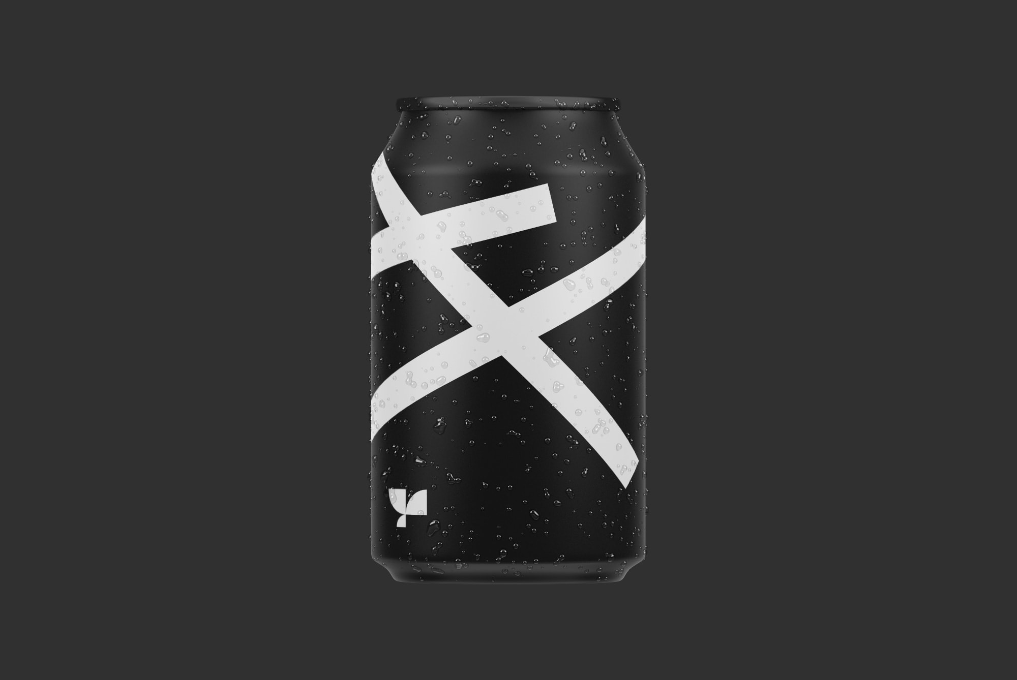 Black can with white abstract design and water droplets, photo ideal for digital packaging mockups, graphic assets, beverage branding, and design templates.