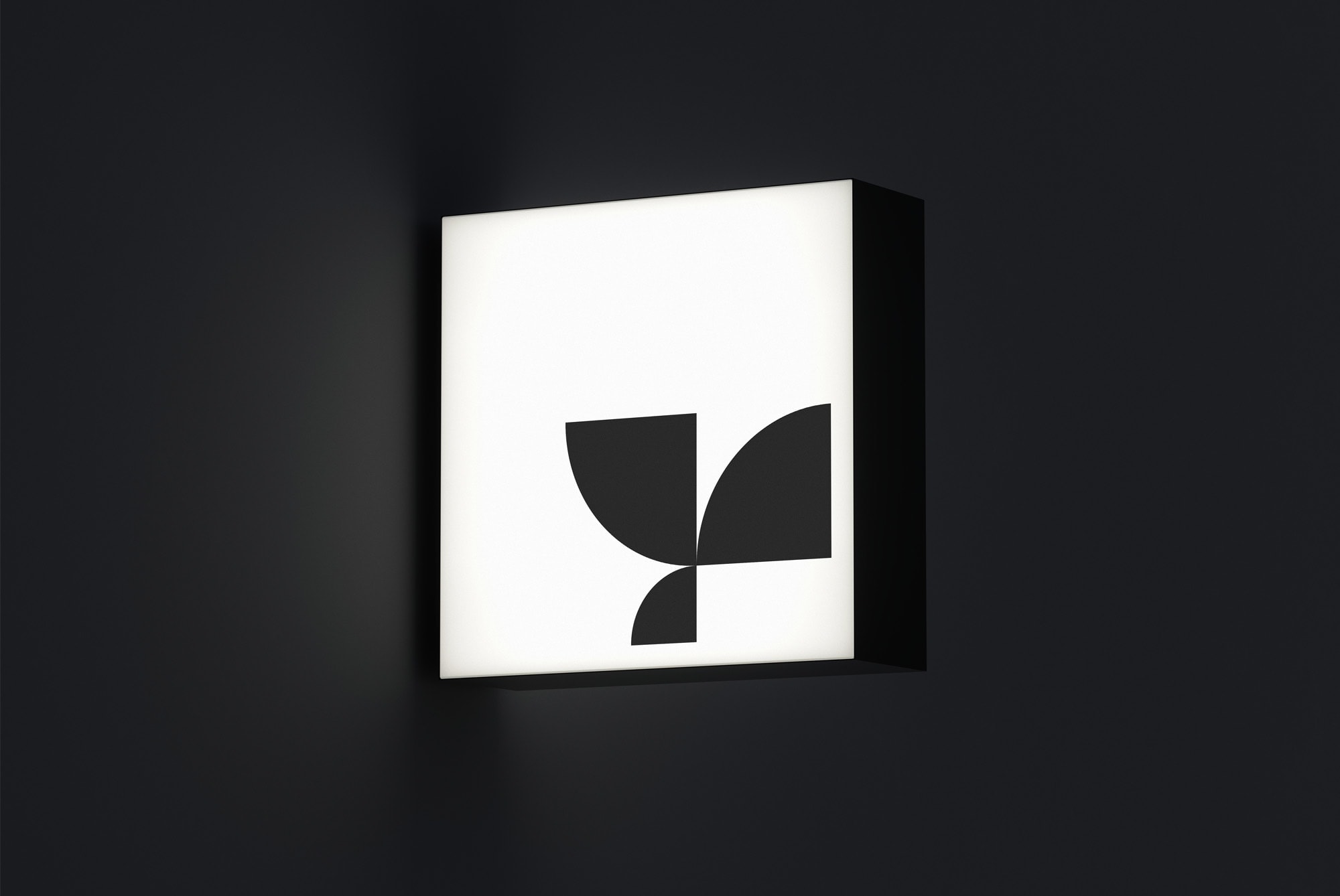 Illuminated wall sign mockup with abstract geometric design. Perfect for advertising, branding, and showcasing graphics on a dark background.