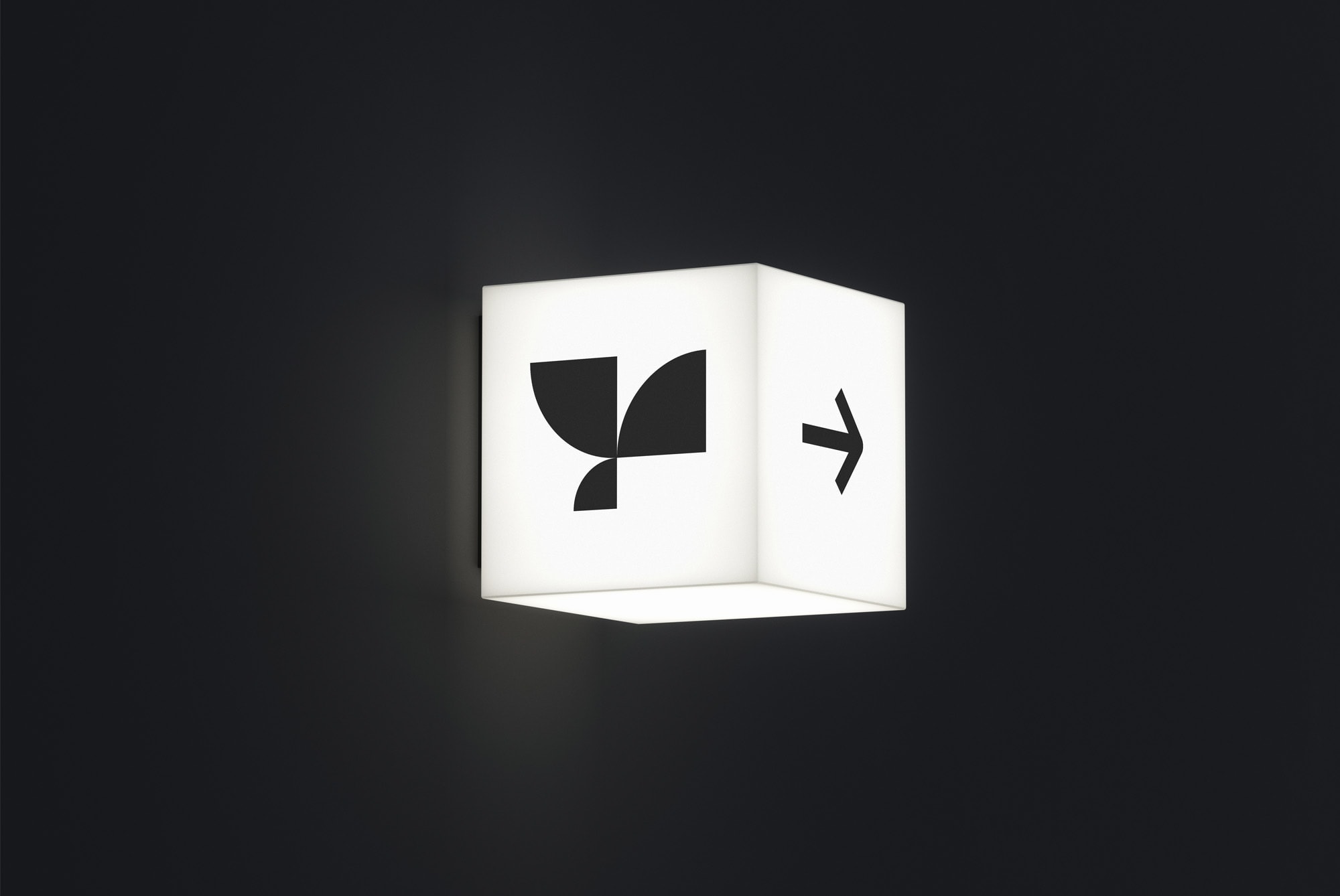 Illuminated signage with abstract logo and arrow on dark background mockup. Suitable for graphic designers seeking print, packaging, or billboard mockup resources.