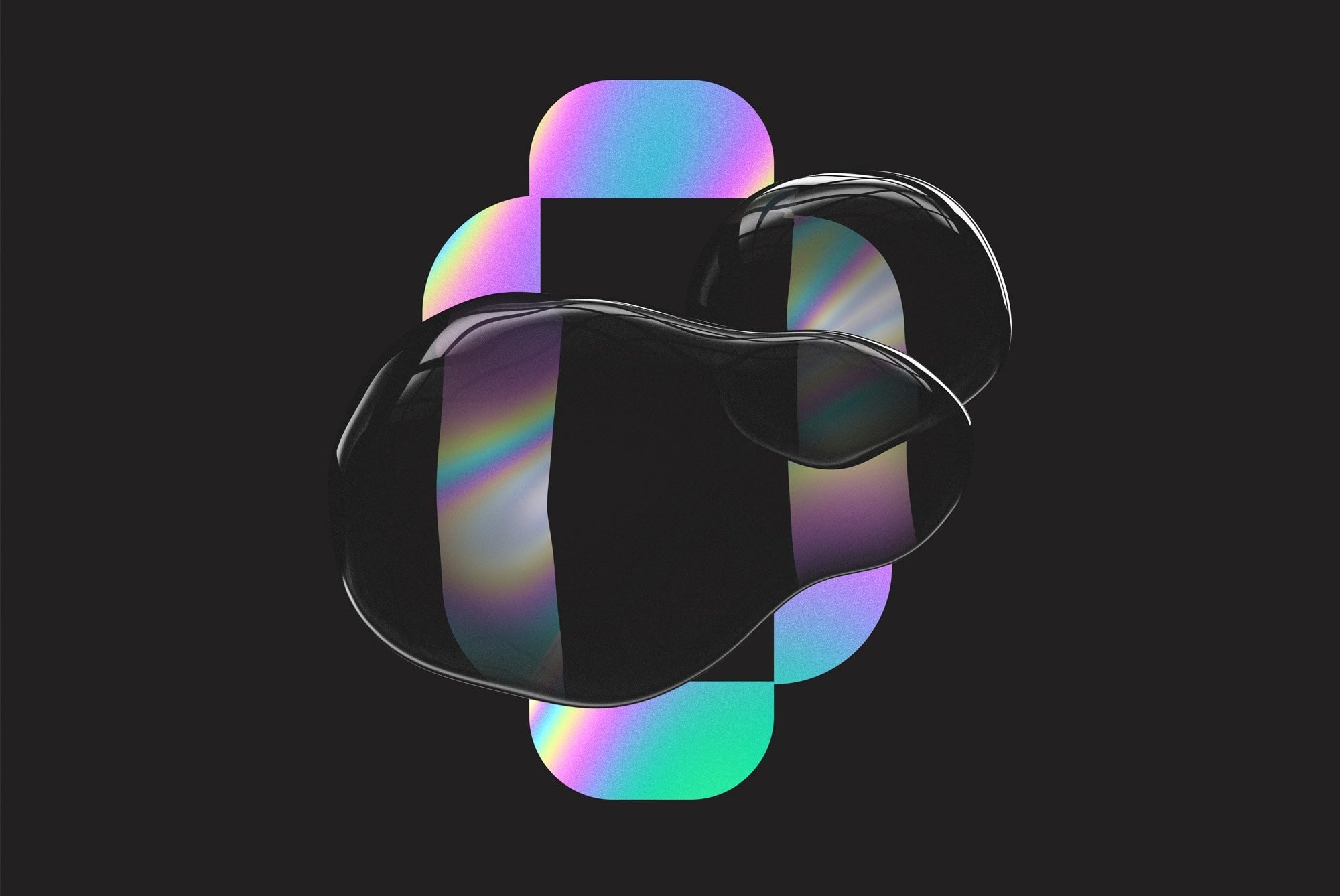 Digital abstract graphic featuring fluid shapes with iridescent gradient overlay, ideal for tech mockups, print designs, and creative Photoshop effects
